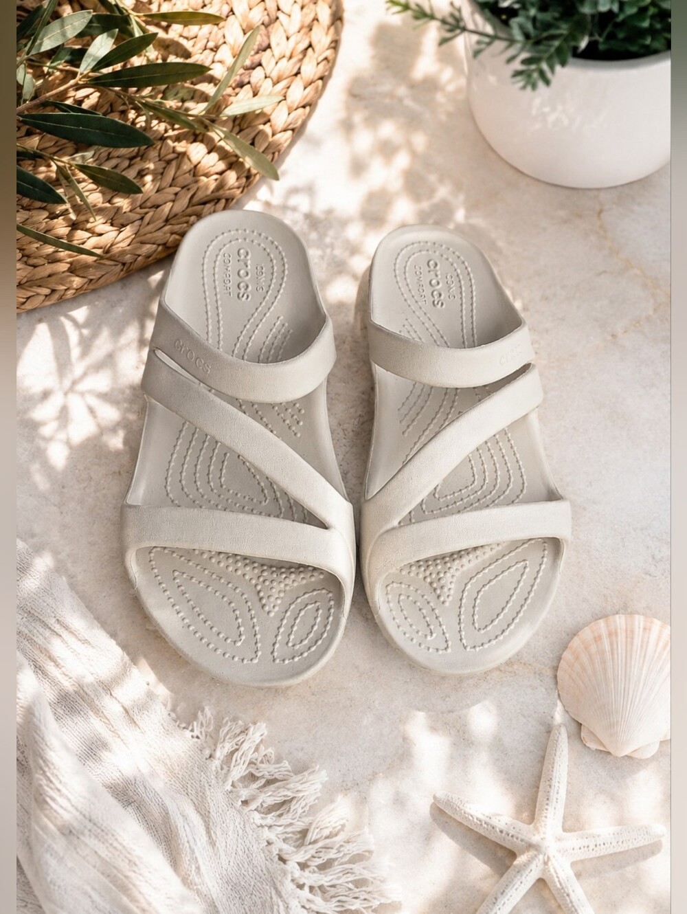 Crocs Iconic Comfort Cross-Strap Sandals – Light Beige | Women's Size W7
